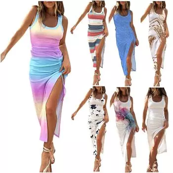 Женское облегающее платье без рукавов с разрезом на шнурке, жилет, платье без рукавов, платье с U-образным вырезом для женщин M зелёный