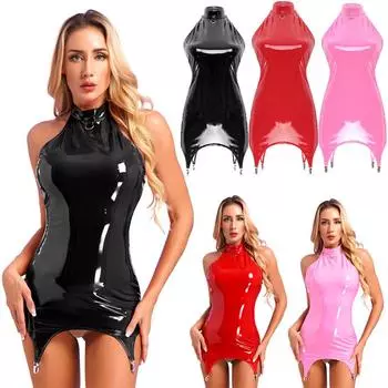 Женское облегающее платье из лакированной кожи с зажимами для подвязок, мини-платье с застежкой-молнией сзади и без рукавов, клубная одежда S