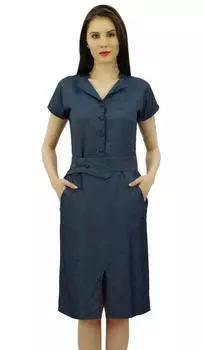 Женское облегающее платье из шамбре с короткими рукавами и воротником-стойкой Bimba с поясом 10 серый