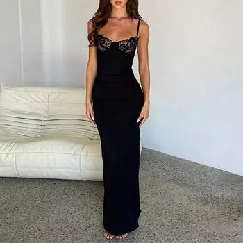 Женское облегающее платье макси на бретельках с кружевом и без рукавов, длинное платье с разрезом, сексуальное вечернее платье с глубоким вырезом для коктейльных вечеринок и ночных клубов S чёрный