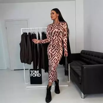 Женское облегающее платье-миди с принтом и высокой талией, платье с длинными рукавами S белый/чёрный