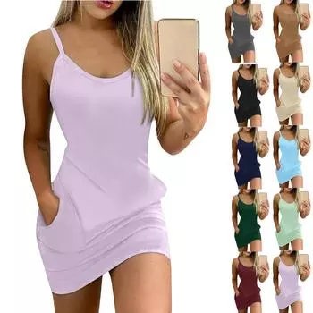 Женское облегающее платье, модное платье с принтом и круглым вырезом, карманом на бретельках L бежевый