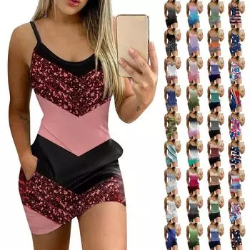 Женское облегающее платье, модное платье с принтом и круглым вырезом, карманом на бретельках L чёрный