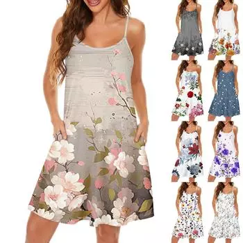Женское облегающее платье, модное платье с принтом и круглым вырезом, карманом на бретельках L