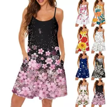 Женское облегающее платье, модное платье с принтом и круглым вырезом, карманом на бретельках L чёрный