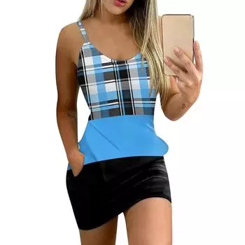 Женское облегающее платье, модное платье с принтом и круглым вырезом, карманом на бретельках S