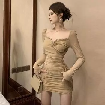 Женское облегающее платье pure desire с квадратным вырезом и длинными рукавами S хаки