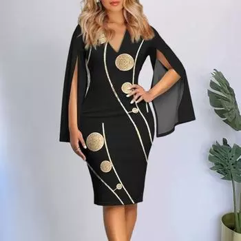 Женское облегающее платье с цветочным принтом, облегающее платье с v-образным вырезом и длинным рукавом, офисное мини-платье-карандаш, уличная одежда 2XL темно-синий