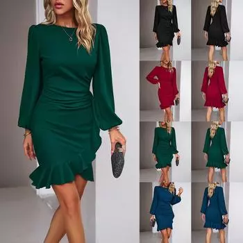 Женское облегающее платье с длинным рукавом и круглым вырезом до середины икры, тонкое вечернее мини-платье с оборками L винный/красный