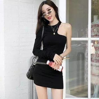 Женское облегающее платье с длинным рукавом и круглым вырезом, сексуальное мини-платье на одно плечо One Size