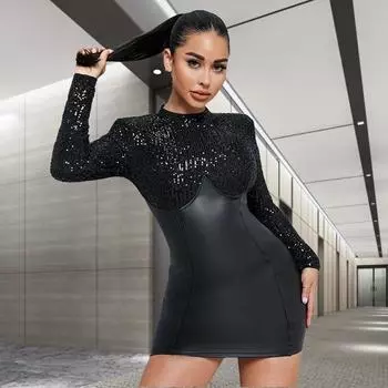 Женское облегающее платье с длинными рукавами и запахом, облегающее платье из искусственной кожи с высокой талией S чёрный