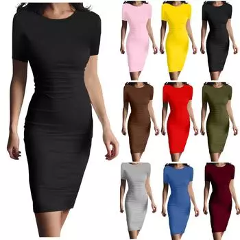 Женское облегающее платье с коротким рукавом, модное платье с круглым вырезом L чёрный