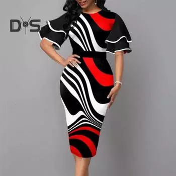 Женское облегающее платье с круглым вырезом и расклешенными рукавами, нерегулярный геометрический рисунок, облегающее платье для офиса и работы с запахом на бедрах, рабочая одежда L белый