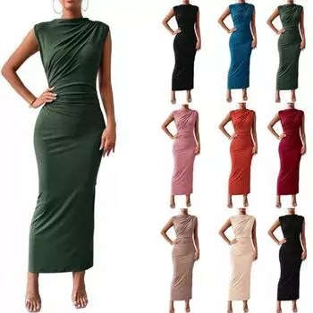 Женское облегающее платье с круглым вырезом без рукавов для вечеринок с разрезом, длинные платья S чёрный