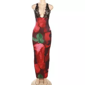 Женское облегающее платье с кружевной отделкой и сексуальным ремешком с цветочным принтом, летнее модное платье S красный