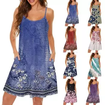 Женское облегающее платье с модным принтом и круглым вырезом, карман на бретельках, платье L синий