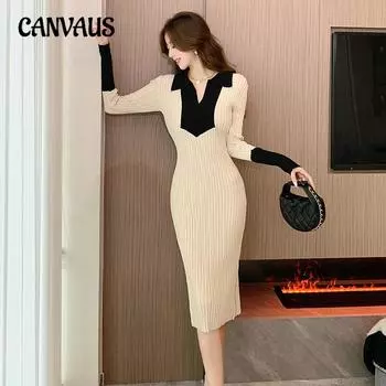 Женское облегающее платье с полуразрезом на горловине, тонкое трикотажное платье в полоску Color Collision One Size чёрный