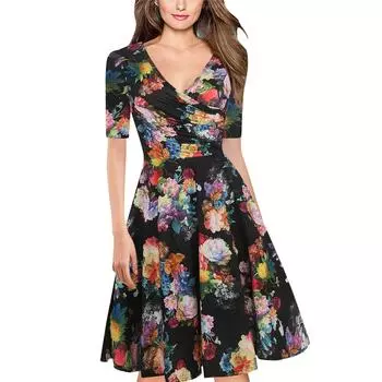 Женское облегающее платье с v-образным вырезом и длинным рукавом, плиссированным поясом и большим подолом L чёрный