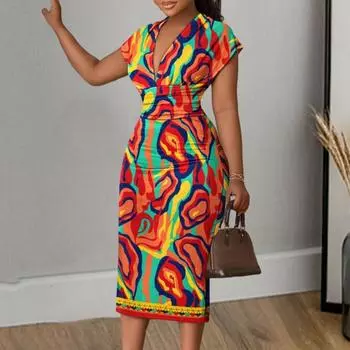 Женское облегающее платье с v-образным вырезом и коротким рукавом, модное облегающее платье миди с высокой талией и принтом, уличная одежда M хаки