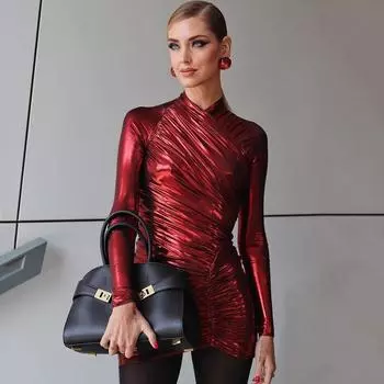 Женское облегающее платье с V-образным вырезом и длинными рукавами S серебряный