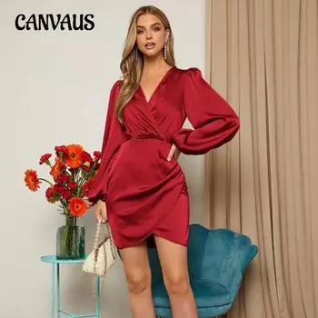 Женское облегающее платье с V-образным вырезом и длинными рукавами S розовый