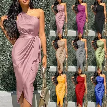 Женское облегающее платье со рюшами, асимметричное коктейльное платье миди без рукавов с запахом на одно плечо и атласным поясом XXXL чёрный