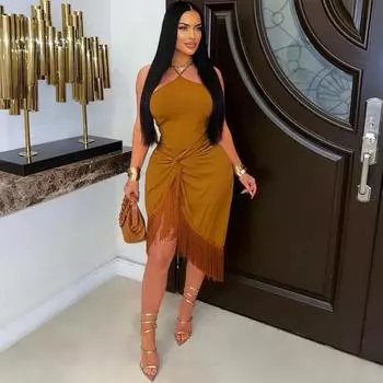 Женское облегающее платье со шнуровкой и кисточками, цельное S белый