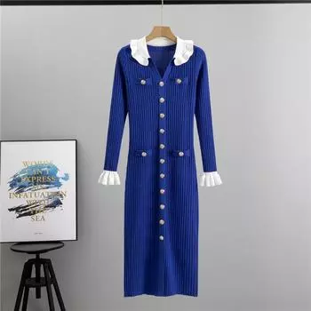 Женское облегающее платье-свитер с V-образным вырезом, длинными рукавами, пуговицами, облегающим лифом, с оборками, трикотажное платье-карандаш, весна-осень, элегантные макси-платья для женщин one size fits all чёрный