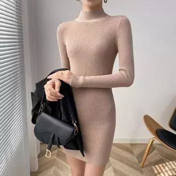 Женское облегающее платье-свитер с воротником-стойкой, длинное трикотажное сексуальное облегающее платье, базовое повседневное платье для женщин One Size чёрный