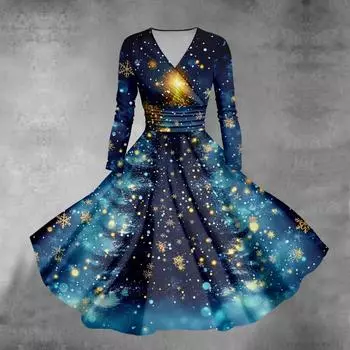 Женское облегающее платье свободного кроя с принтом рождественской елки и снежинок, V-образным вырезом и длинными рукавами L синий