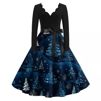 Женское облегающее платье свободного кроя с принтом в виде рождественских снежинок, контрастным V-образным вырезом и длинными рукавами L синий