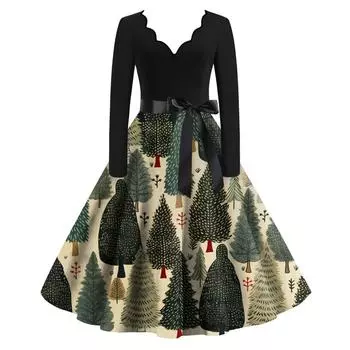 Женское облегающее платье свободного кроя с длинными рукавами и принтом рождественской елки и снеговика L армия зеленый