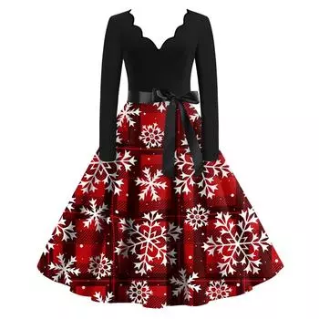 Женское облегающее платье свободного кроя с принтом в виде снежинок и рождественской клеткой, контрастным V-образным вырезом и длинными рукавами L горячий розовый