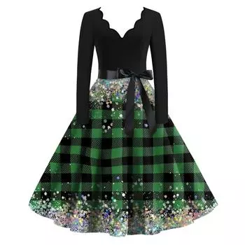 Женское облегающее платье свободного кроя с принтом в виде снежинок и рождественской клеткой, контрастным V-образным вырезом и длинными рукавами L темно-зеленого