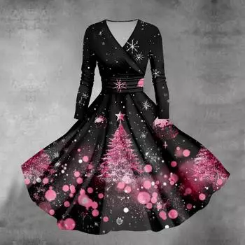 Женское облегающее платье свободного кроя с принтом рождественской елки и снежинок, V-образным вырезом и длинными рукавами L чёрный