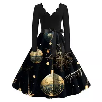 Женское облегающее платье свободного кроя с принтом рождественской елки и контрастным V-образным вырезом и длинными рукавами L чёрный