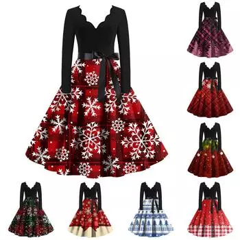 Женское облегающее платье свободного кроя с принтом в виде снежинок и рождественской клеткой, контрастным V-образным вырезом и длинными рукавами M