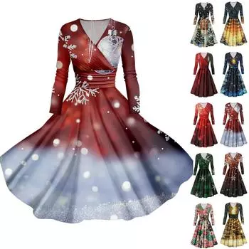 Женское облегающее платье свободного кроя с принтом рождественской елки и снежинок, V-образным вырезом и длинными рукавами XXL зелёный