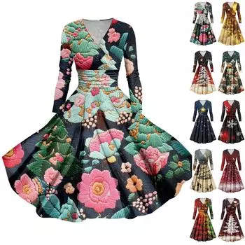 Женское облегающее платье свободного кроя с принтом рождественской елки и снежинок, V-образным вырезом и длинными рукавами XXXXL синий