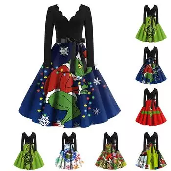 Женское облегающее платье свободного кроя с рождественским принтом, контрастной строчкой, V-образным вырезом и длинными рукавами S