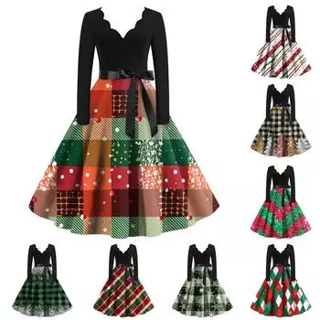 Женское облегающее платье свободного кроя с принтом в виде снежинок и рождественской клеткой, контрастным V-образным вырезом и длинными рукавами XXL