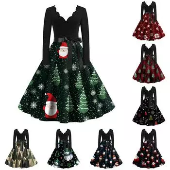 Женское облегающее платье свободного кроя с длинными рукавами и принтом рождественской елки и снеговика XXXL зелёный