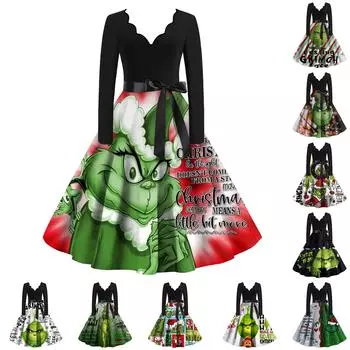 Женское облегающее платье свободного кроя с рождественским принтом, контрастной строчкой, V-образным вырезом и длинными рукавами XL