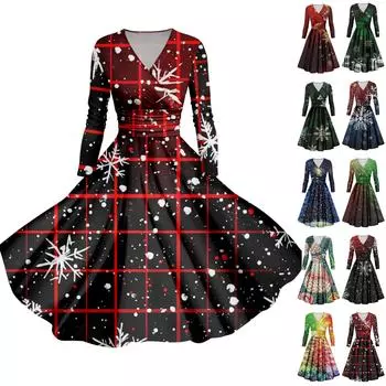 Женское облегающее платье свободного кроя с принтом рождественской елки и снежинок, V-образным вырезом и длинными рукавами M