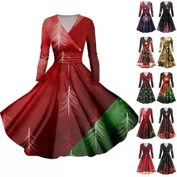 Женское облегающее платье свободного кроя с принтом рождественской елки и снежинок, V-образным вырезом и длинными рукавами L циан