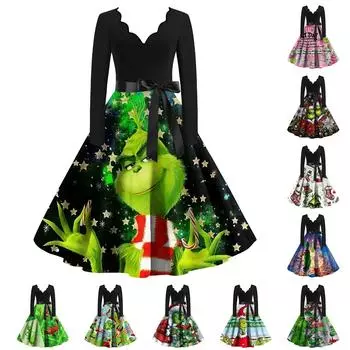 Женское облегающее платье свободного кроя с рождественским принтом, контрастной строчкой, V-образным вырезом и длинными рукавами XXXL