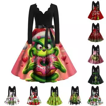 Женское облегающее платье свободного кроя с рождественским принтом, контрастной строчкой, V-образным вырезом и длинными рукавами XL