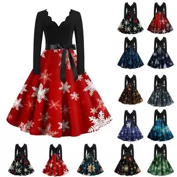 Женское облегающее платье свободного кроя с принтом в виде рождественских снежинок, контрастным V-образным вырезом и длинными рукавами L синий