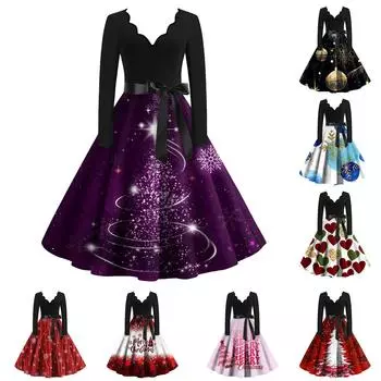 Женское облегающее платье свободного кроя с принтом рождественской елки и контрастным V-образным вырезом и длинными рукавами S