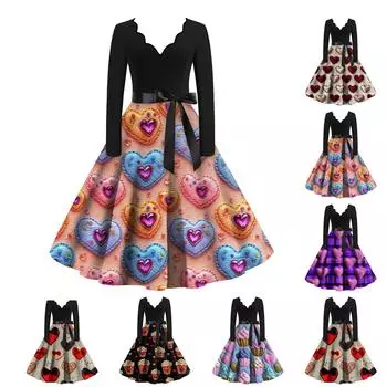 Женское облегающее платье свободного кроя с V-образным вырезом и длинными рукавами в стиле «День святого Валентина» с принтом в виде сердец L чёрный